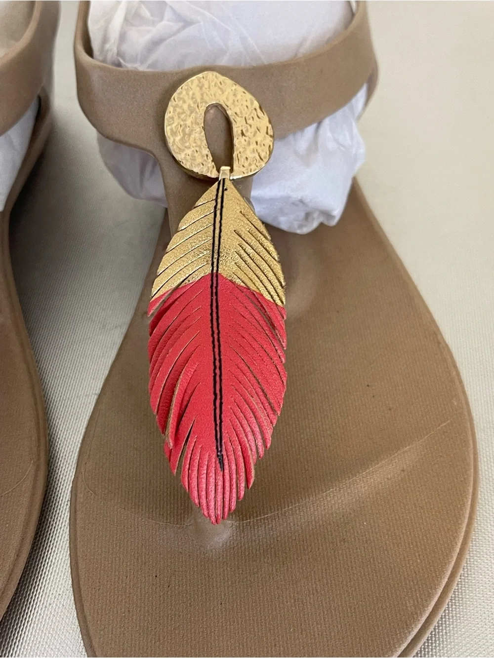 Okabashi Women’s Strappy Tan, Orange, Gold Feather Accents Sandals Sz 6
